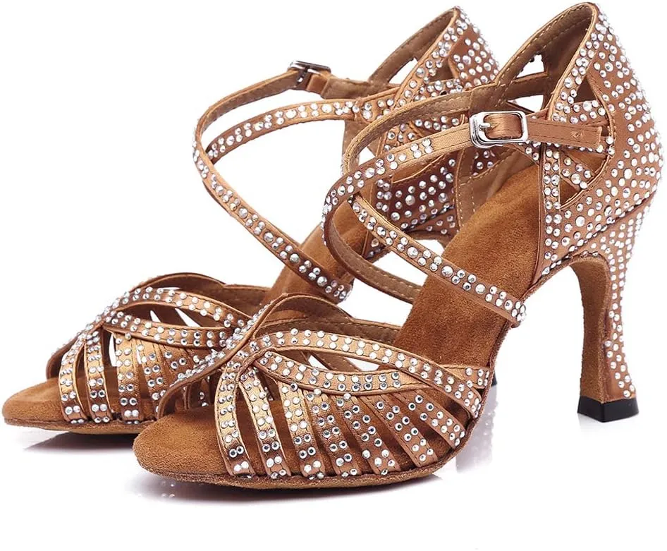 SWDZM Women's Ballroom Dance Shoes Rhinestone Latin Salsa Heeled Party Dance Shoes,Model L379