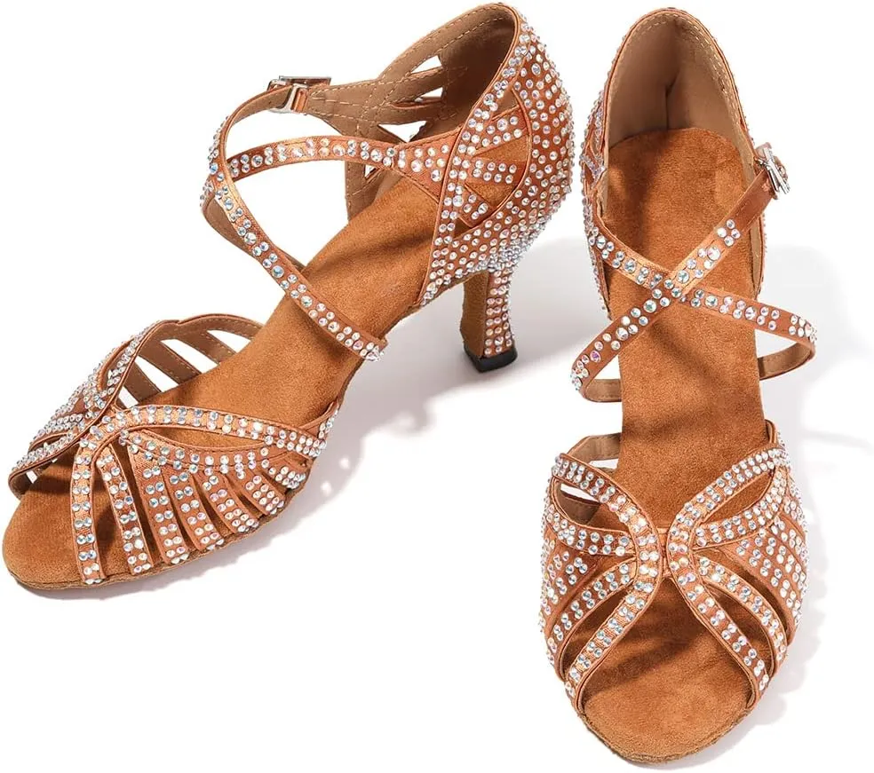 SWDZM Women's Ballroom Dance Shoes Rhinestone Latin Salsa Heeled Party Dance Shoes,Model L379