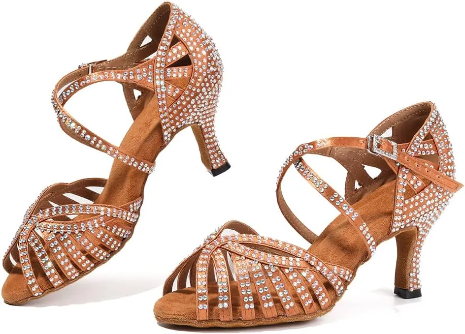 SWDZM Women's Ballroom Dance Shoes Rhinestone Latin Salsa Heeled Party Dance Shoes,Model L379