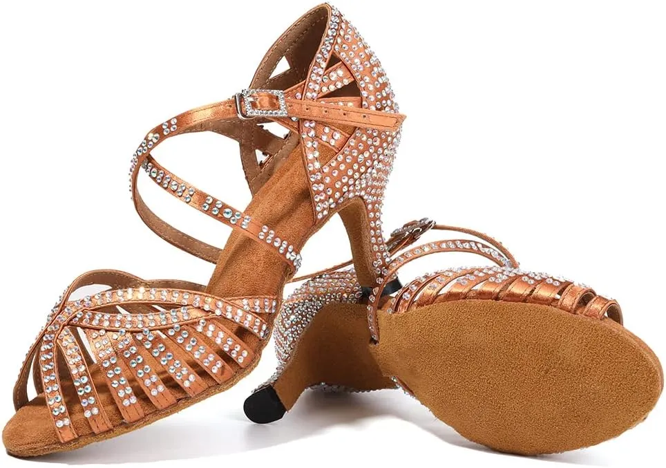 SWDZM Women's Ballroom Dance Shoes Rhinestone Latin Salsa Heeled Party Dance Shoes,Model L379