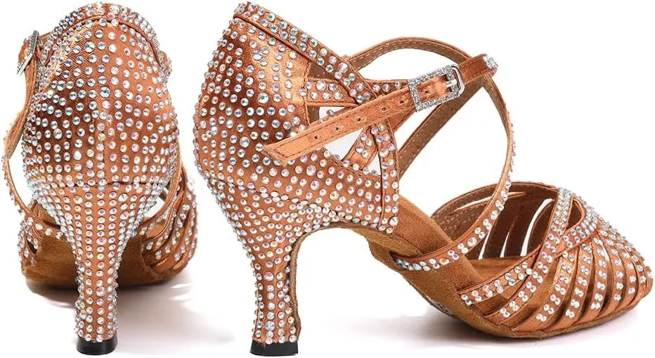 SWDZM Women's Ballroom Dance Shoes Rhinestone Latin Salsa Heeled Party Dance Shoes,Model L379