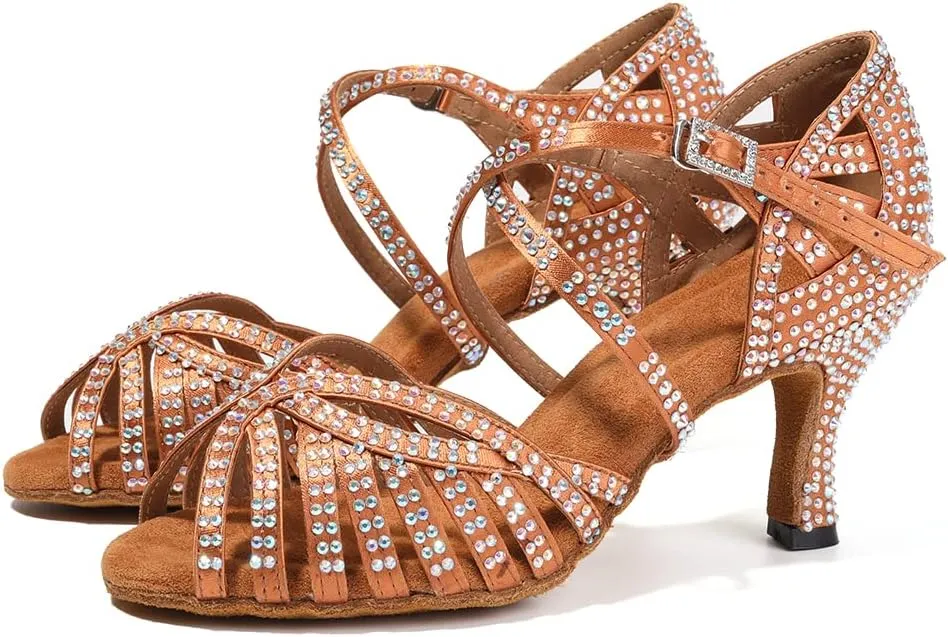 SWDZM Women's Ballroom Dance Shoes Rhinestone Latin Salsa Heeled Party Dance Shoes,Model L379