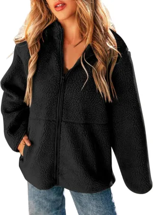 Sweater Coats for Women Vintage Solid Fleece Jackets Fuzzy Long Sleeve Winter Coats with Pockets Outerwear