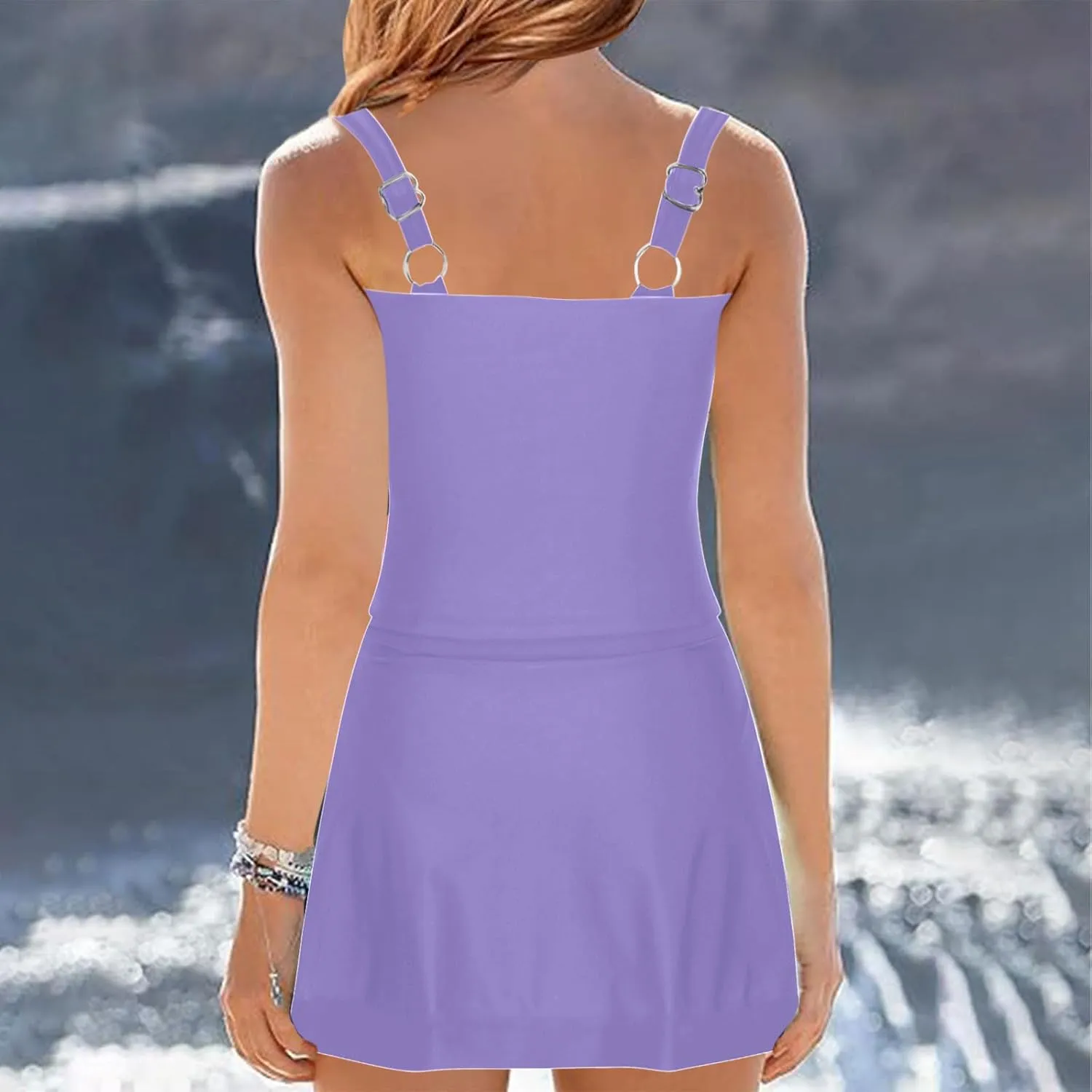 Swim Dress Tummy Control Tankini Tops for Women Two Piece Skirts Bathing Suit Solid Color Summer Beach Swimsuits