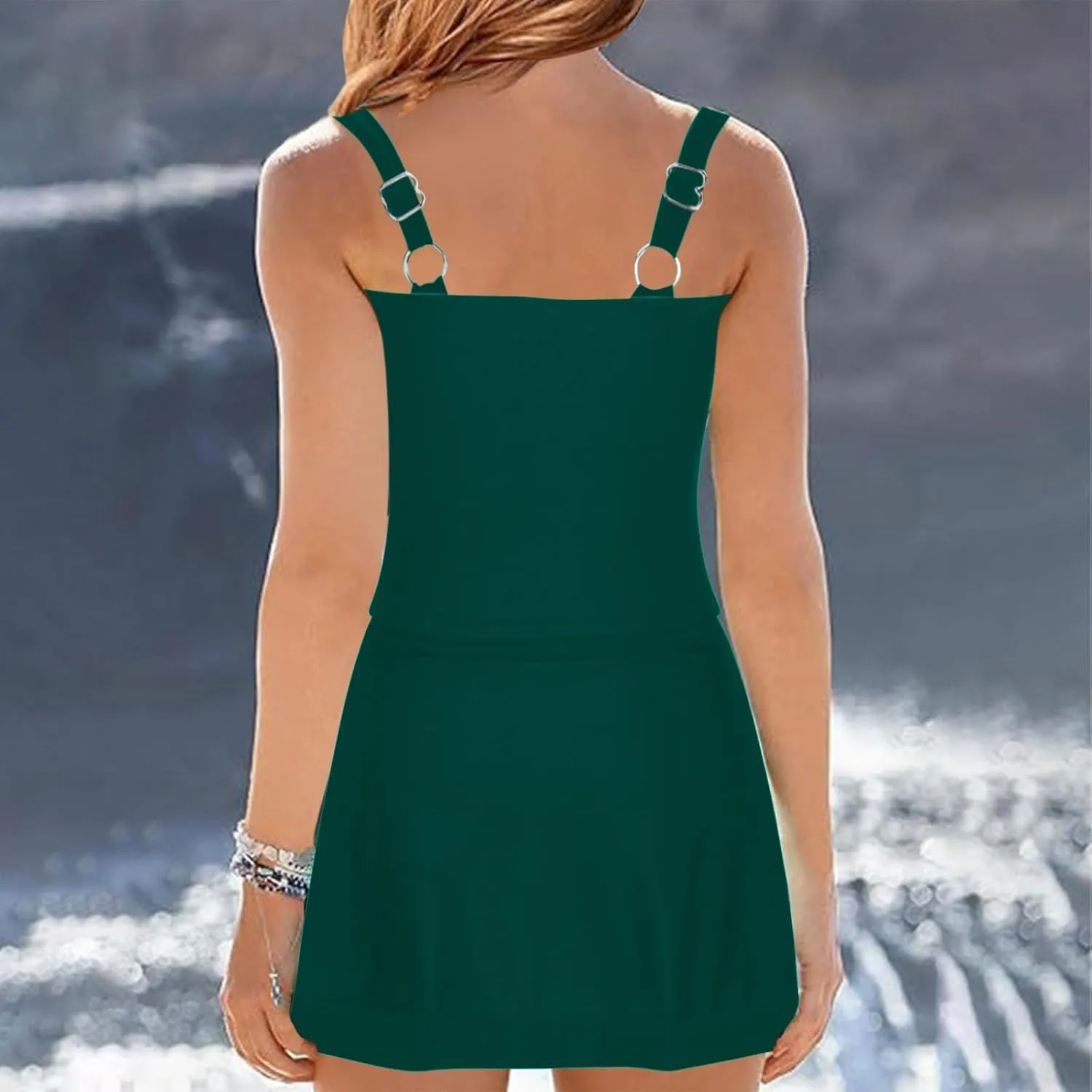Swim Dress Tummy Control Tankini Tops for Women Two Piece Skirts Bathing Suit Solid Color Summer Beach Swimsuits