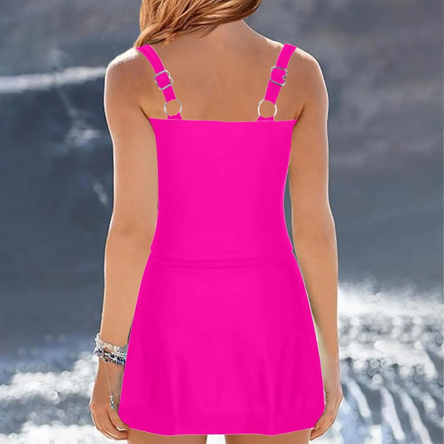 Swim Dress Tummy Control Tankini Tops for Women Two Piece Skirts Bathing Suit Solid Color Summer Beach Swimsuits