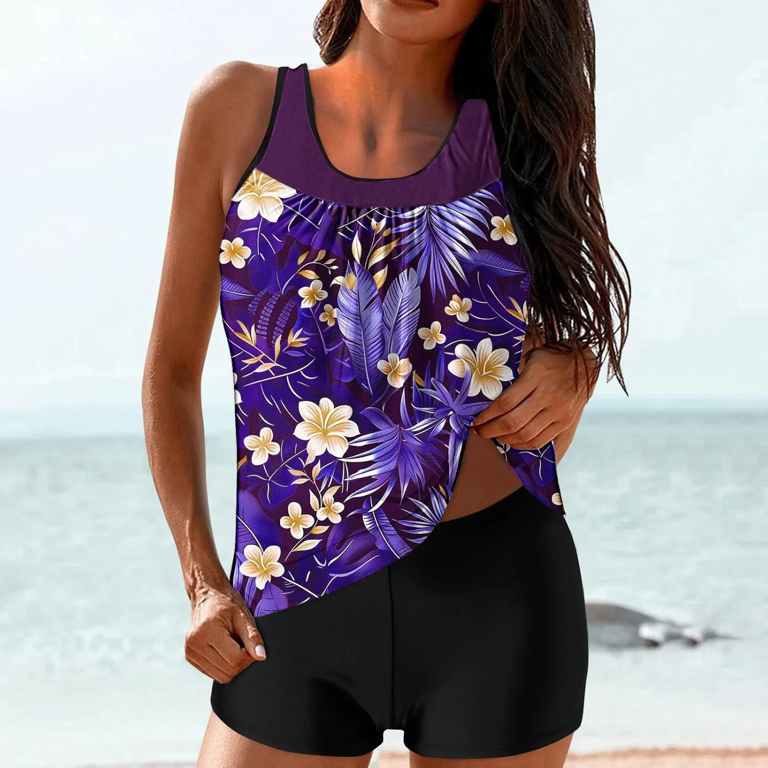 Swim Suits for Women 2025 Two Piece Blouson Tankini Swimsuit Swim Tankini Tank Top with Boyshorts Modest Bathing Suit