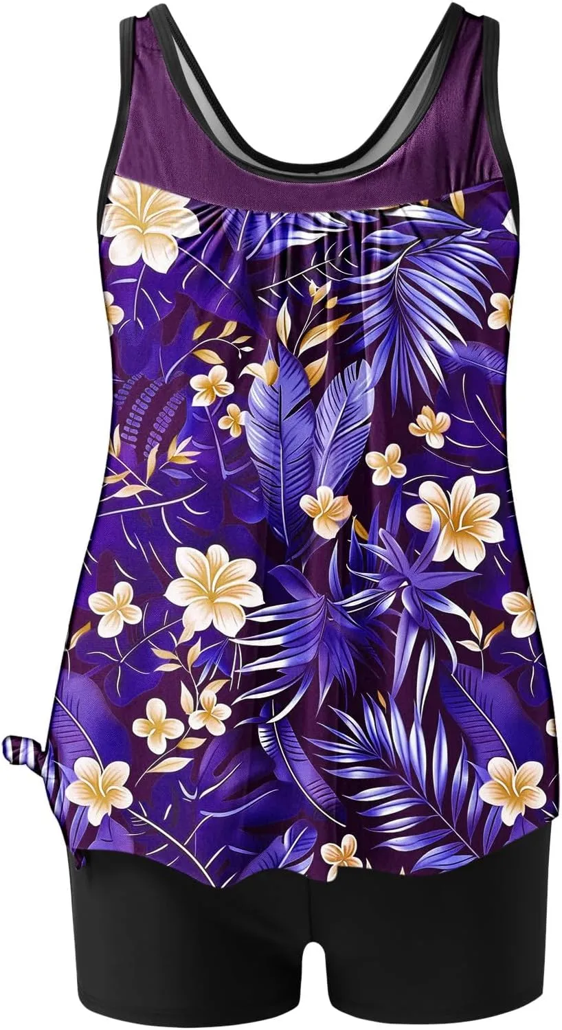 Swim Suits for Women 2025 Two Piece Blouson Tankini Swimsuit Swim Tankini Tank Top with Boyshorts Modest Bathing Suit