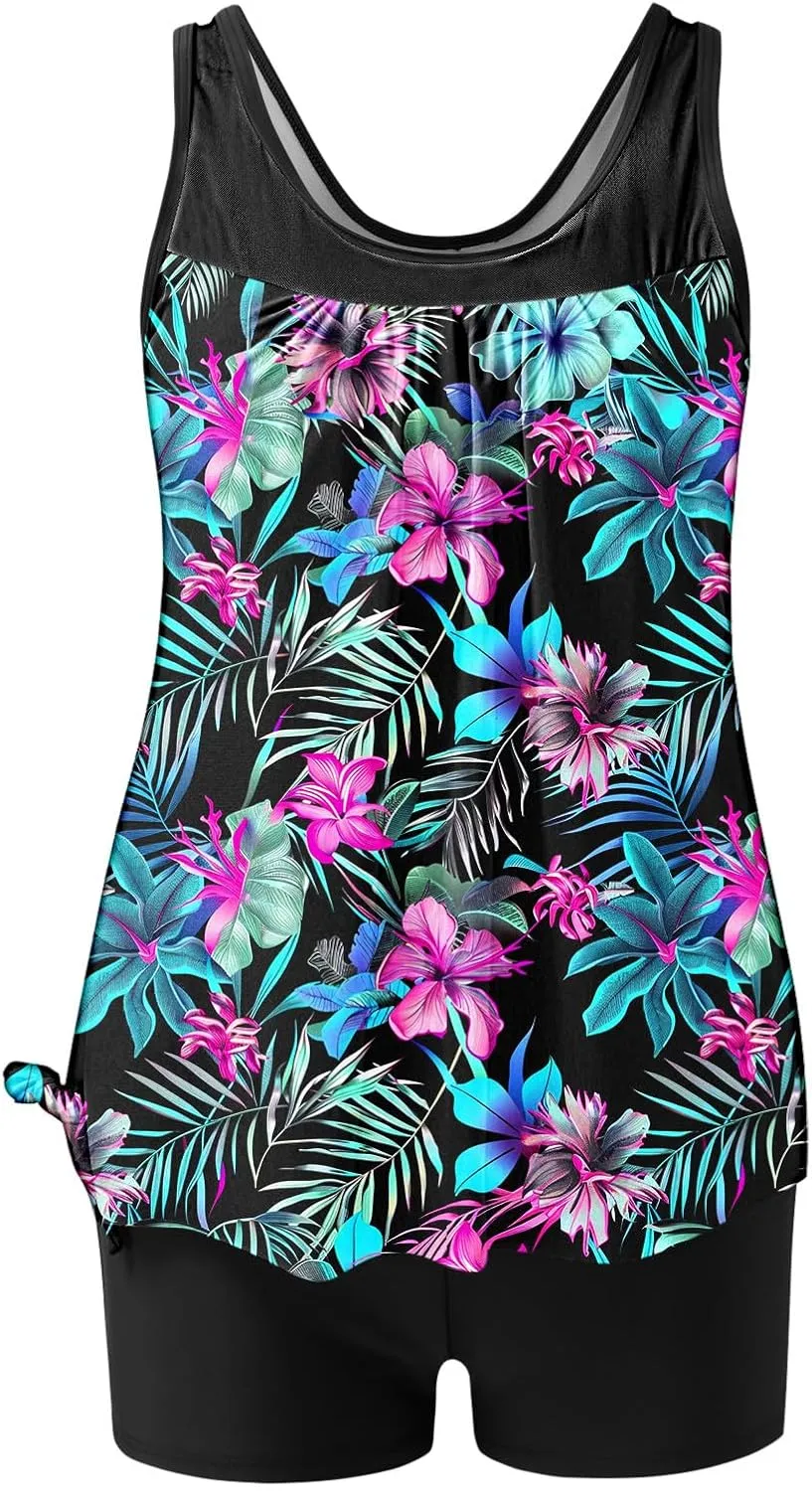 Swim Suits for Women 2025 Two Piece Blouson Tankini Swimsuit Swim Tankini Tank Top with Boyshorts Modest Bathing Suit