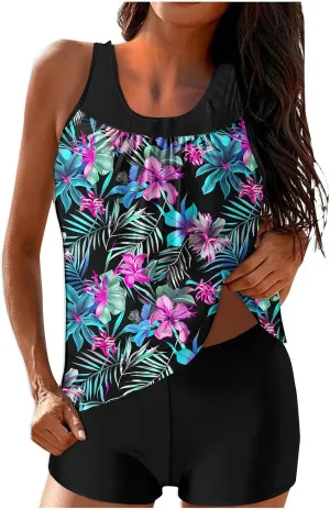 Swim Suits for Women 2025 Two Piece Blouson Tankini Swimsuit Swim Tankini Tank Top with Boyshorts Modest Bathing Suit