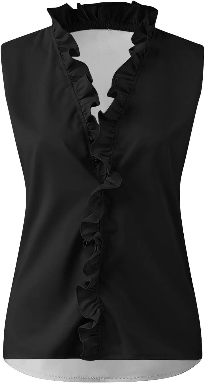 Tank Top for Women V Neck Ruffled Collared Shirts Sleeveless Tops