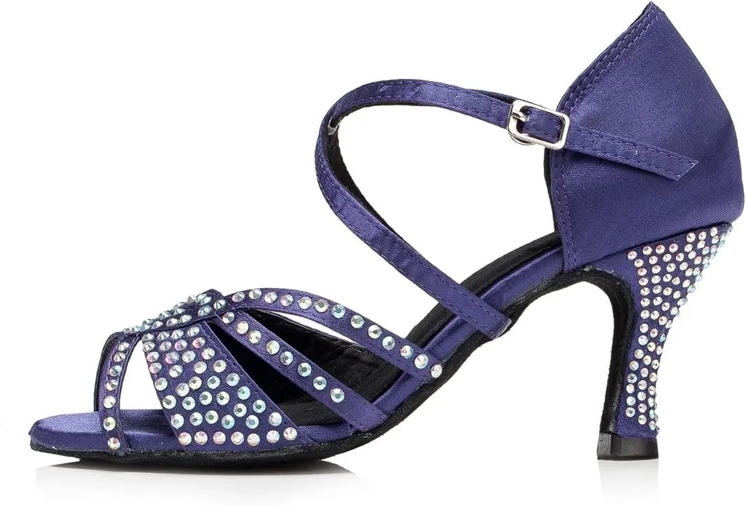 TDA Women's Ankle Strap Flared Heel Open Toe Crystals Satin Salsa Cha Cha Jazz Rumba Latin Dance Wedding Shoes
