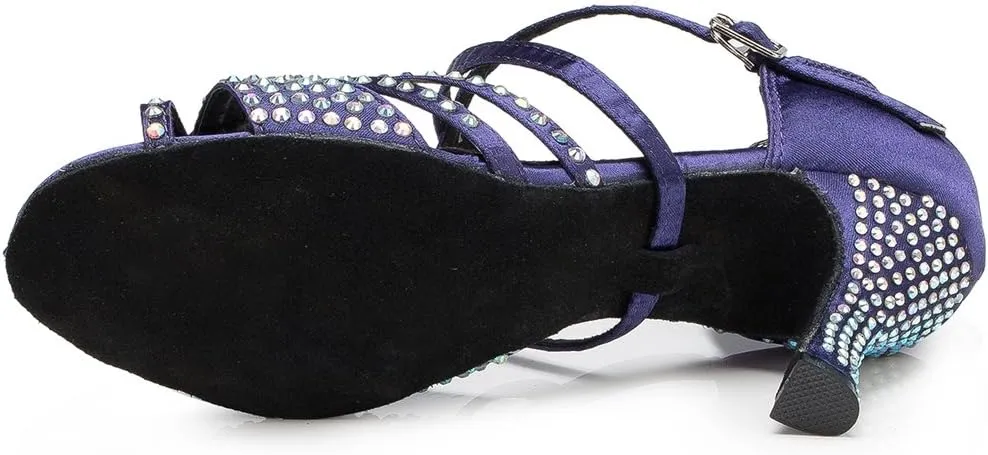 TDA Women's Ankle Strap Flared Heel Open Toe Crystals Satin Salsa Cha Cha Jazz Rumba Latin Dance Wedding Shoes