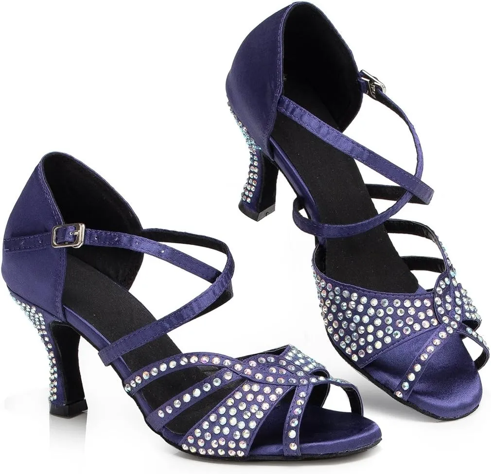 TDA Women's Ankle Strap Flared Heel Open Toe Crystals Satin Salsa Cha Cha Jazz Rumba Latin Dance Wedding Shoes