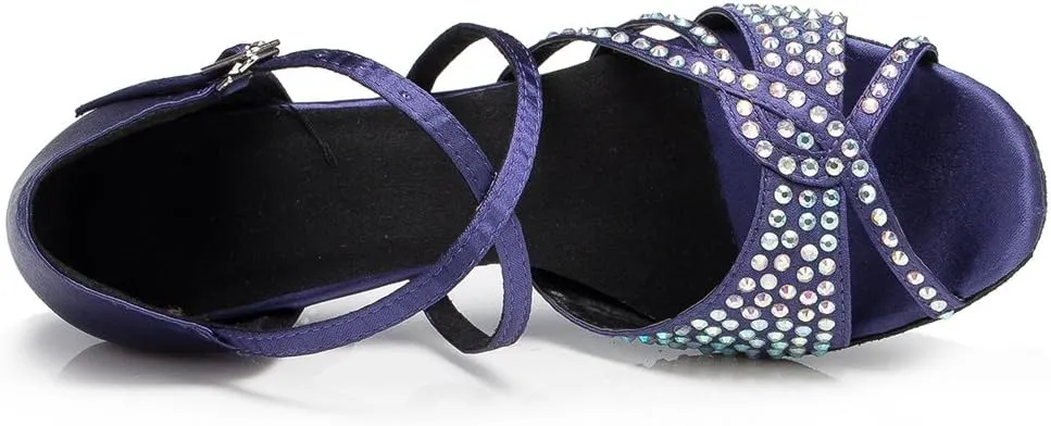TDA Women's Ankle Strap Flared Heel Open Toe Crystals Satin Salsa Cha Cha Jazz Rumba Latin Dance Wedding Shoes