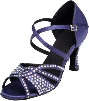 TDA Women's Ankle Strap Flared Heel Open Toe Crystals Satin Salsa Cha Cha Jazz Rumba Latin Dance Wedding Shoes