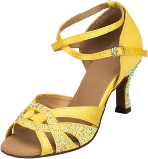 TDA Womens Ankle Strap Peep Toe Crystals Satin Latin Modern Salsa Tango Ballroom Wedding Dance Shoes
