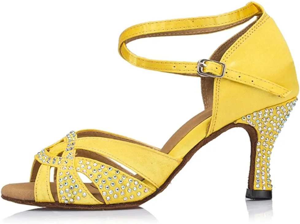 TDA Womens Ankle Strap Peep Toe Crystals Satin Latin Modern Salsa Tango Ballroom Wedding Dance Shoes