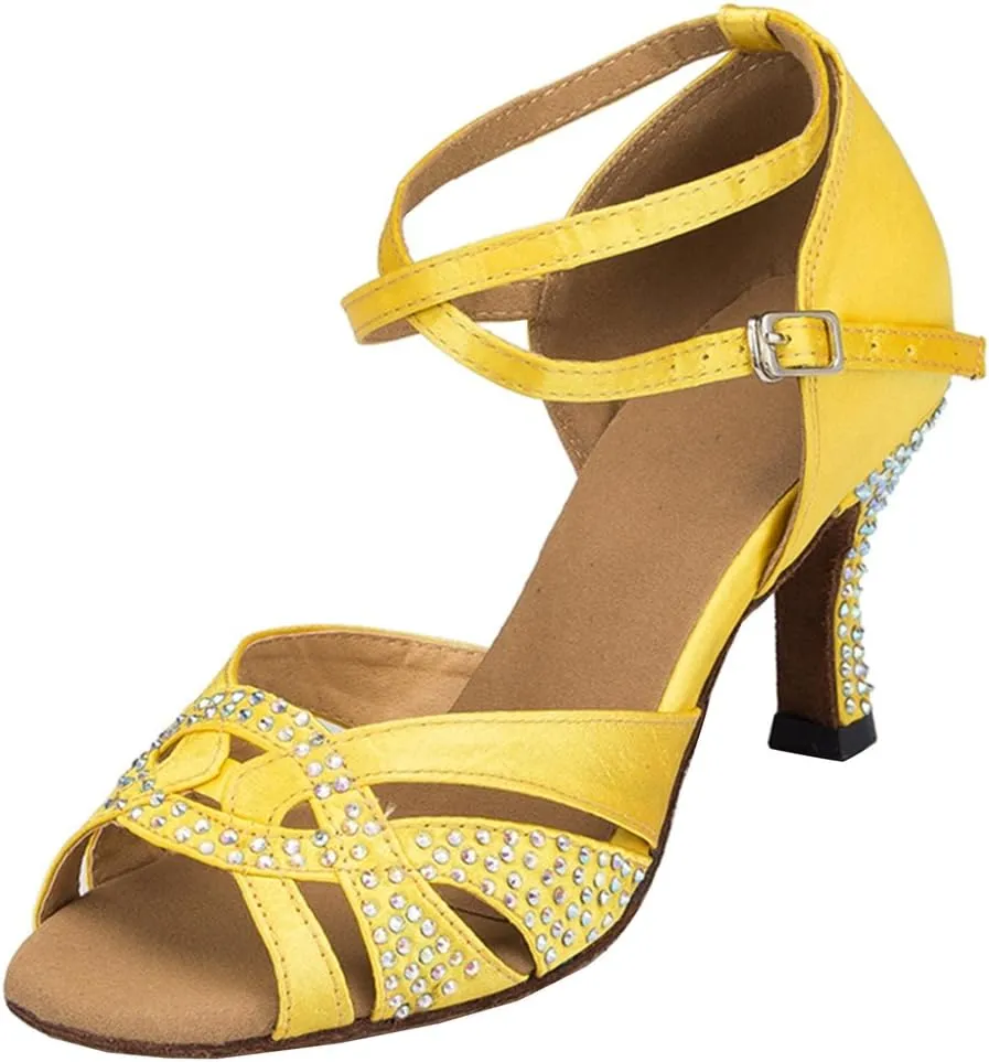 TDA Womens Ankle Strap Peep Toe Crystals Satin Latin Modern Salsa Tango Ballroom Wedding Dance Shoes