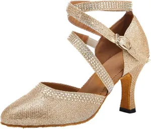 TDA Womens Closed Toe Ankle Strap Crystals Glitter Synthetic Tango Ballroom Latin Dance Wedding Shoes