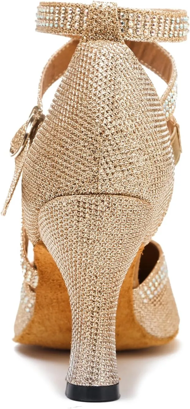 TDA Womens Closed Toe Ankle Strap Crystals Glitter Synthetic Tango Ballroom Latin Dance Wedding Shoes