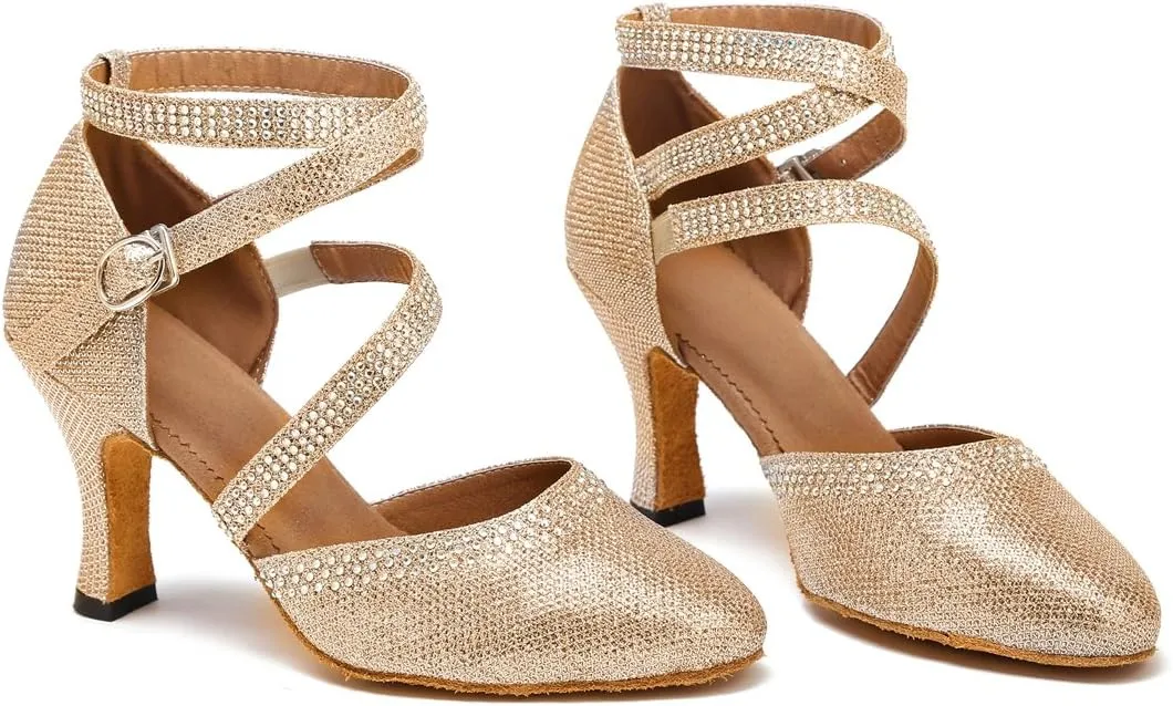TDA Womens Closed Toe Ankle Strap Crystals Glitter Synthetic Tango Ballroom Latin Dance Wedding Shoes