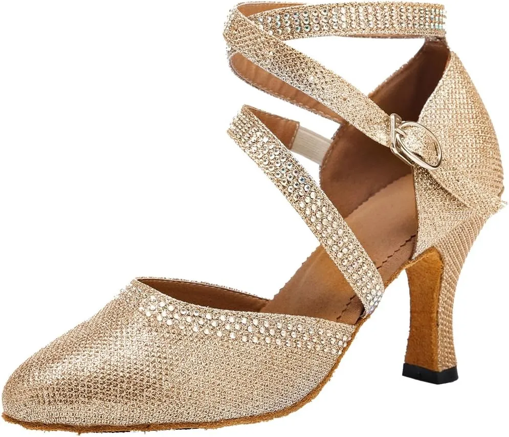 TDA Womens Closed Toe Ankle Strap Crystals Glitter Synthetic Tango Ballroom Latin Dance Wedding Shoes