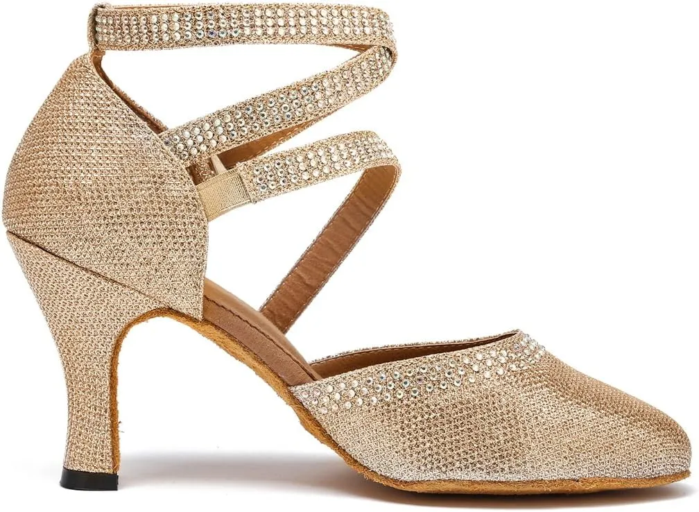 TDA Womens Closed Toe Ankle Strap Crystals Glitter Synthetic Tango Ballroom Latin Dance Wedding Shoes