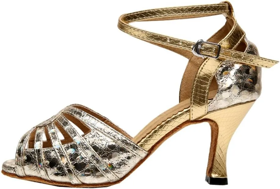 TDA Women's Mid Heel Snakeskin Glitter Sequins Peep Toe Salsa Tango Ballroom Latin Modern Dance Wedding Shoes