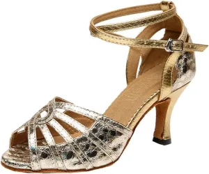 TDA Women's Mid Heel Snakeskin Glitter Sequins Peep Toe Salsa Tango Ballroom Latin Modern Dance Wedding Shoes