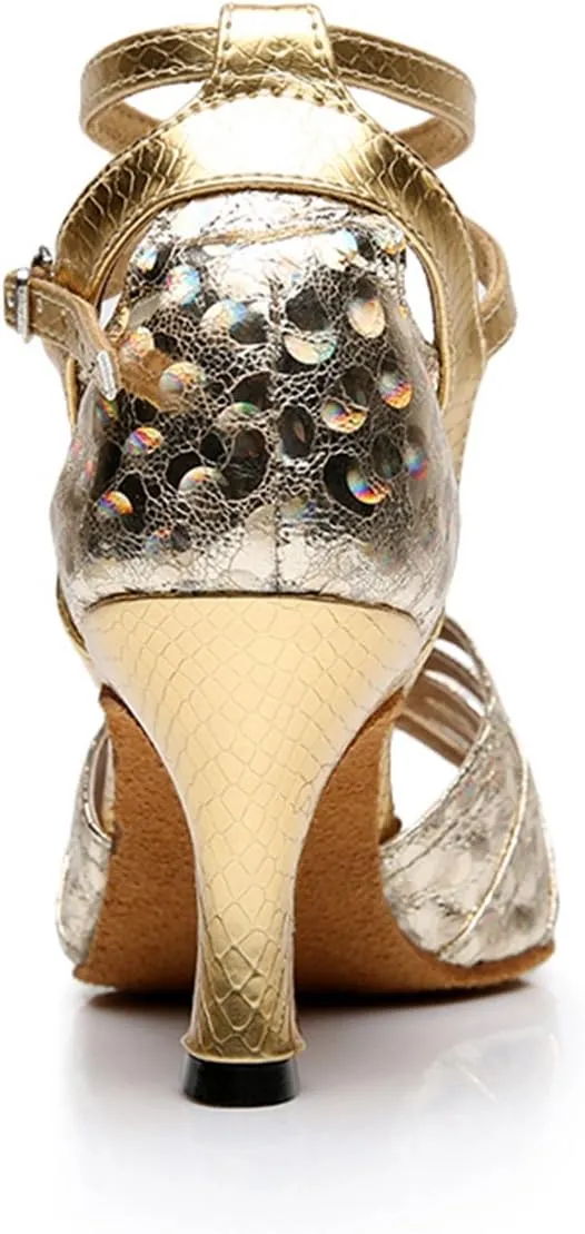 TDA Women's Mid Heel Snakeskin Glitter Sequins Peep Toe Salsa Tango Ballroom Latin Modern Dance Wedding Shoes