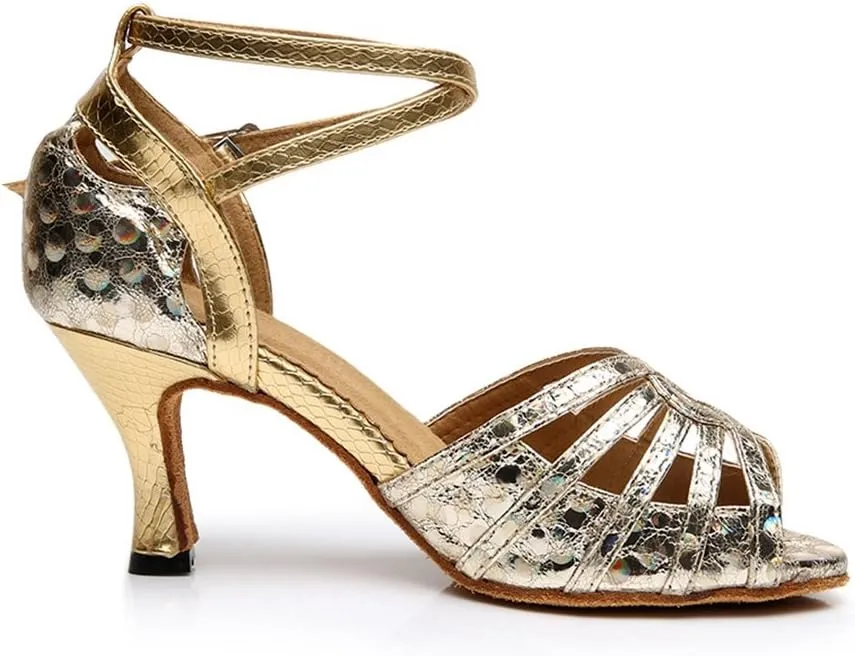 TDA Women's Mid Heel Snakeskin Glitter Sequins Peep Toe Salsa Tango Ballroom Latin Modern Dance Wedding Shoes