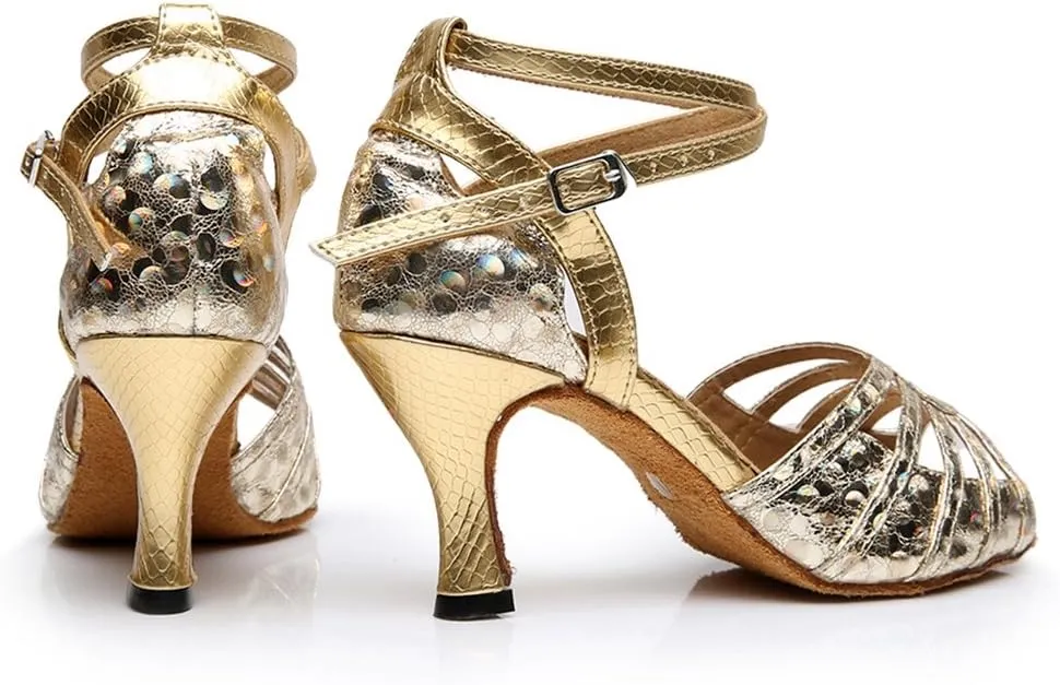 TDA Women's Mid Heel Snakeskin Glitter Sequins Peep Toe Salsa Tango Ballroom Latin Modern Dance Wedding Shoes