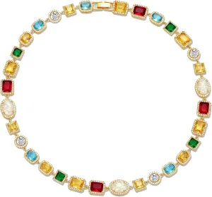 Tennis Necklaces for Men, Dainty 18K Gold Plated Diamond Tennis Choker Necklace Cubic Zirconia Chain with Emerald, Ruby, and Aquamarine Gemstones for Men Bride Birthday Wedding Valentine's Day Gifts