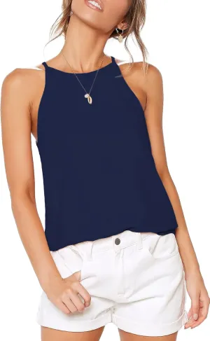 THANTH Womens Halter Tops Sleeveless Summer Strap Tank Tops High Neck Casual Cami Tops Tee