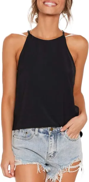 THANTH Womens Halter Tops Sleeveless Summer Strap Tank Tops High Neck Casual Cami Tops Tee