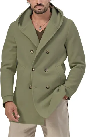 Thatrich Mens Pea Coat Mid Length Hooded Trench Coat Lightweight Windbreaker Jacket Double Breasted Blazers Oversized Outwear