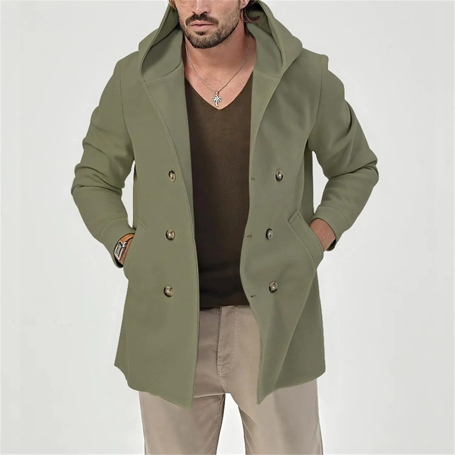 Thatrich Mens Pea Coat Mid Length Hooded Trench Coat Lightweight Windbreaker Jacket Double Breasted Blazers Oversized Outwear