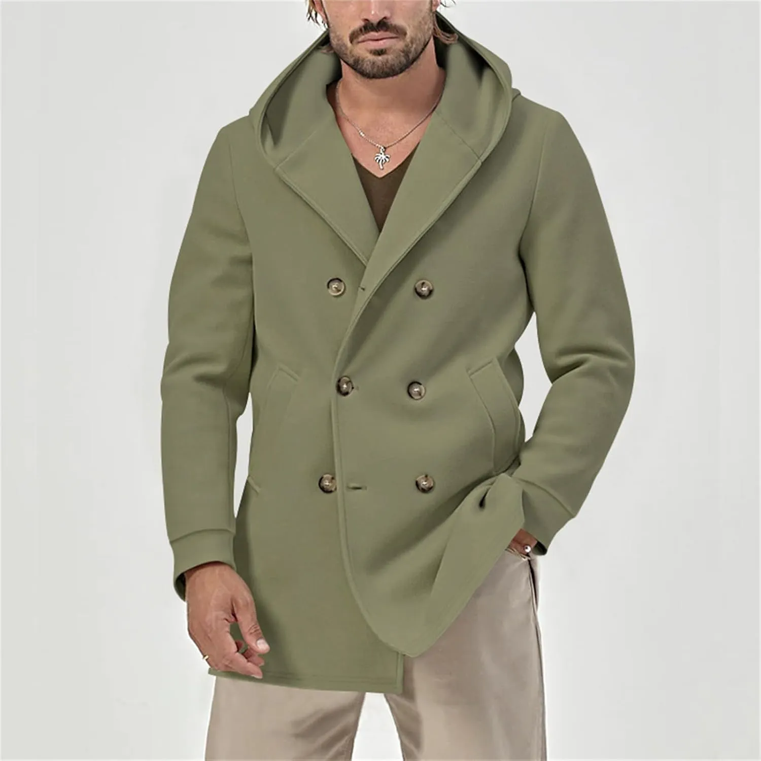 Thatrich Mens Pea Coat Mid Length Hooded Trench Coat Lightweight Windbreaker Jacket Double Breasted Blazers Oversized Outwear