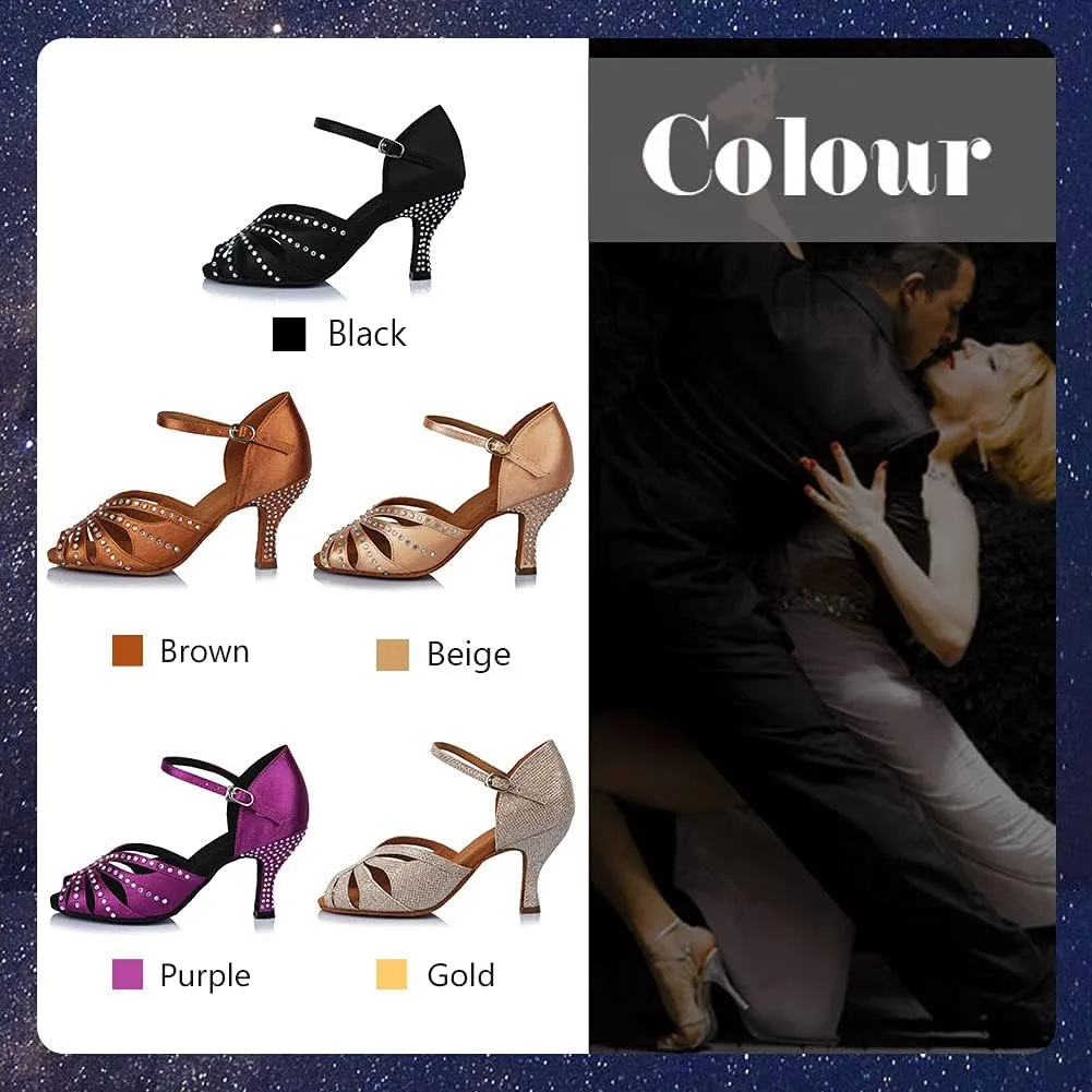 TINRYMX Satin Silk Latin Dance Shoes High Heel Rhinestone Ballroom Dance Shoes for Women,Model AF-435