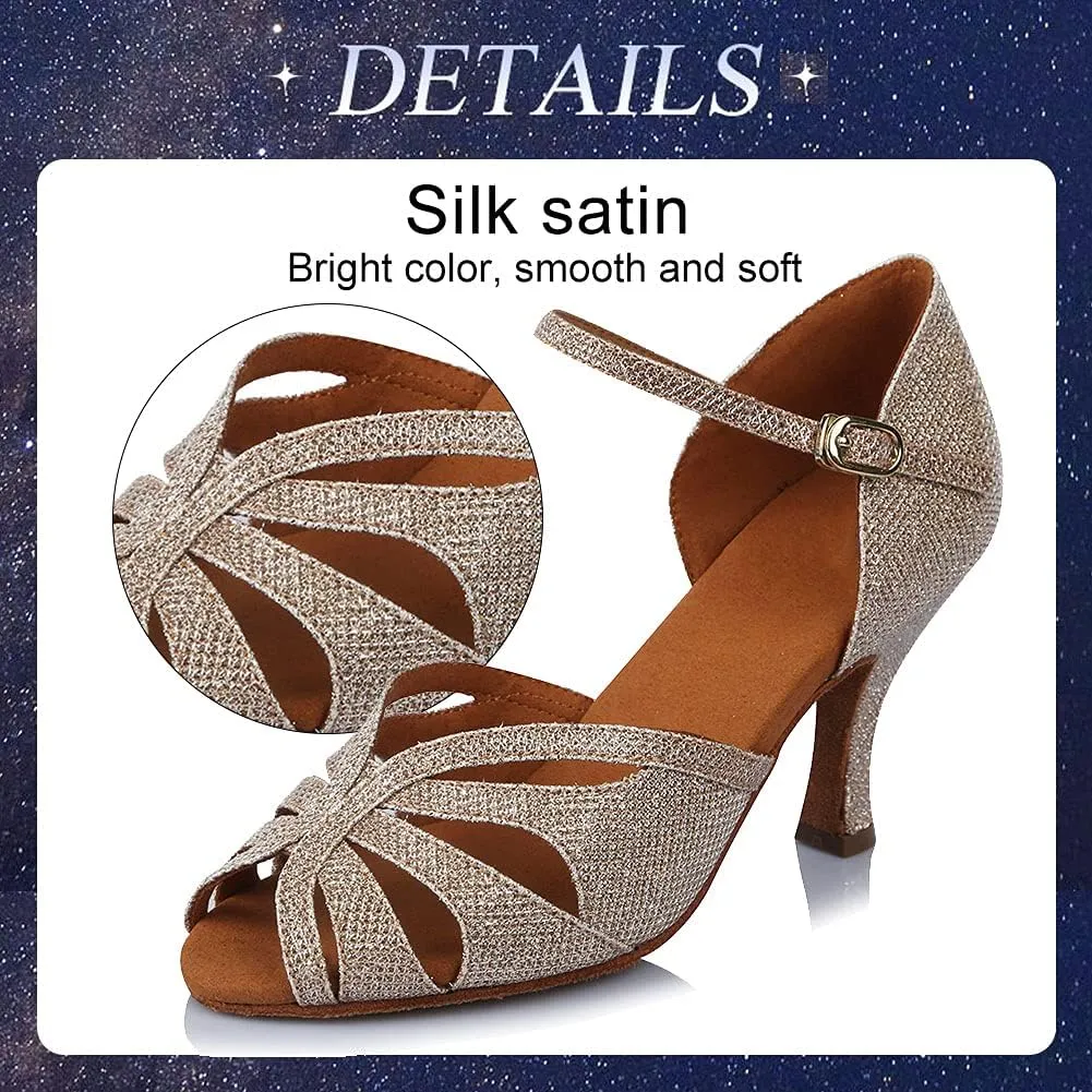 TINRYMX Satin Silk Latin Dance Shoes High Heel Rhinestone Ballroom Dance Shoes for Women,Model AF-435