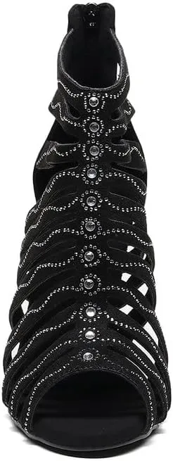 TINRYMX Women Ballroom Dance Boots Rhinestones Latin Salsa Ankle Booties Performance Party Dance Shoes High Heel, Model-QJW7273