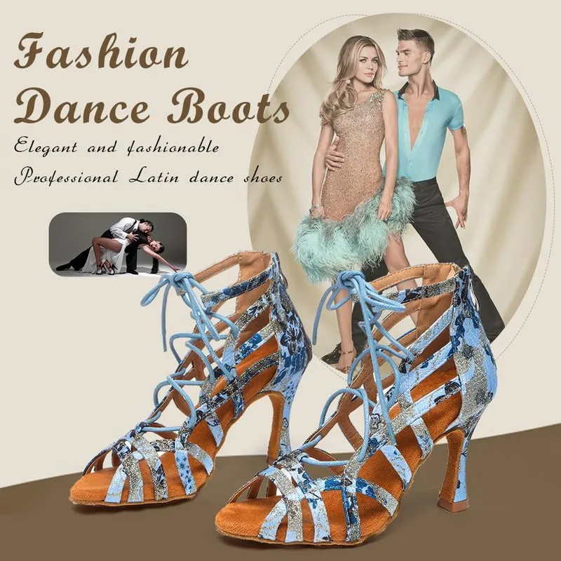 TINRYMX Women Ballroom Dance Shoes Ankle Latin Boots Lace-up Professional Performance Salsa Dance Shoes, Model-YCL539