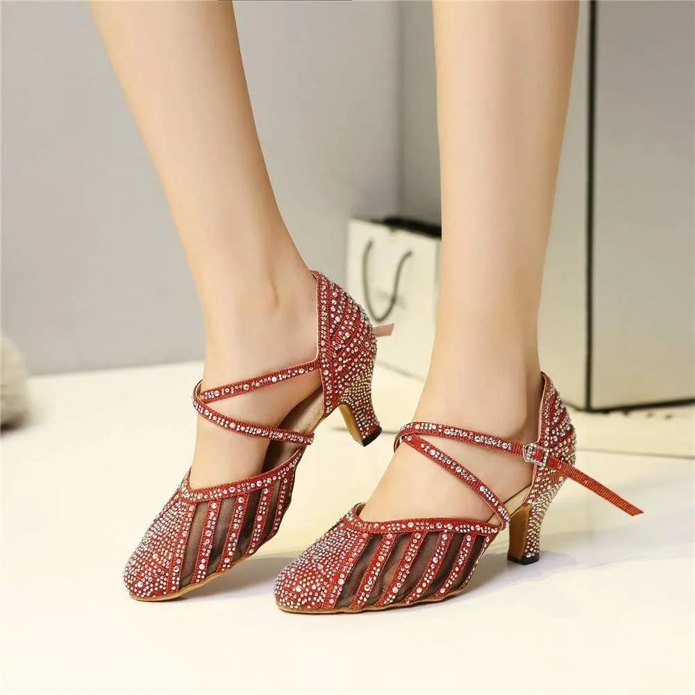 TINRYMX Women Ballroom Dance Shoes Closed Toe Rhinestones Modern Latin Salsa Tango Waltz Performance Dancing Shoes, Model YCL403