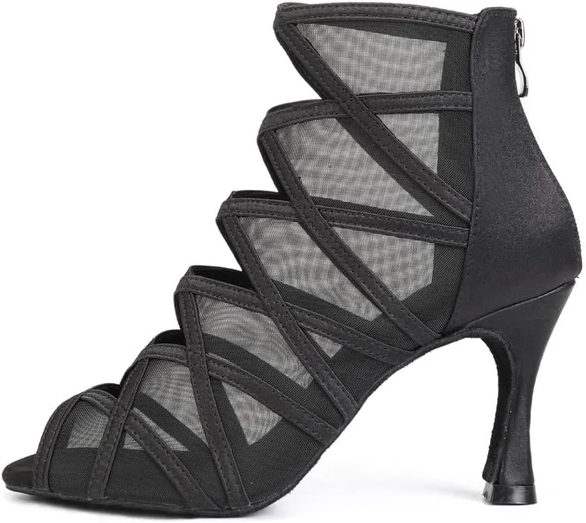 TINRYMX Women's Latin Dance Boots Ballrooom Salsa Tango Open Toe Performance Professional Dance Shoes,YCL445-Black-7.5,9(M) US