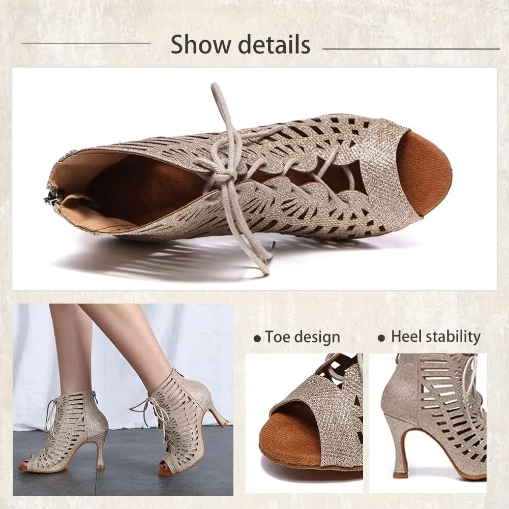 TINRYMX Womens Latin Dance Boots Open Toe Ankle Ballroom Professional Party Salsa Dance Shoes,Model-YCL456