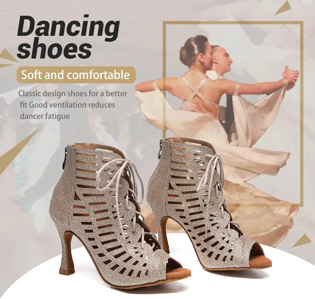 TINRYMX Womens Latin Dance Boots Open Toe Ankle Ballroom Professional Party Salsa Dance Shoes,Model-YCL456