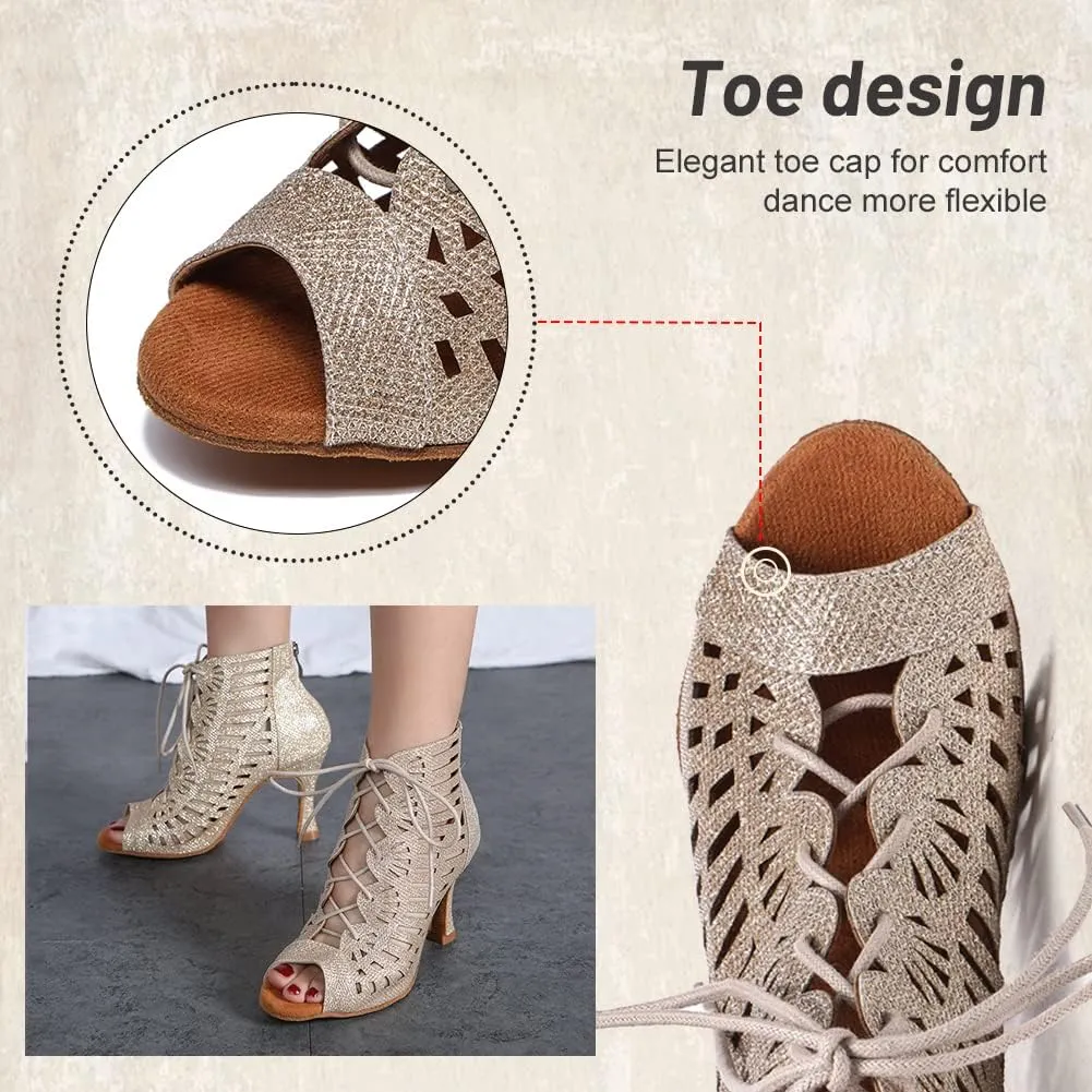 TINRYMX Womens Latin Dance Boots Open Toe Ankle Ballroom Professional Party Salsa Dance Shoes,Model-YCL456