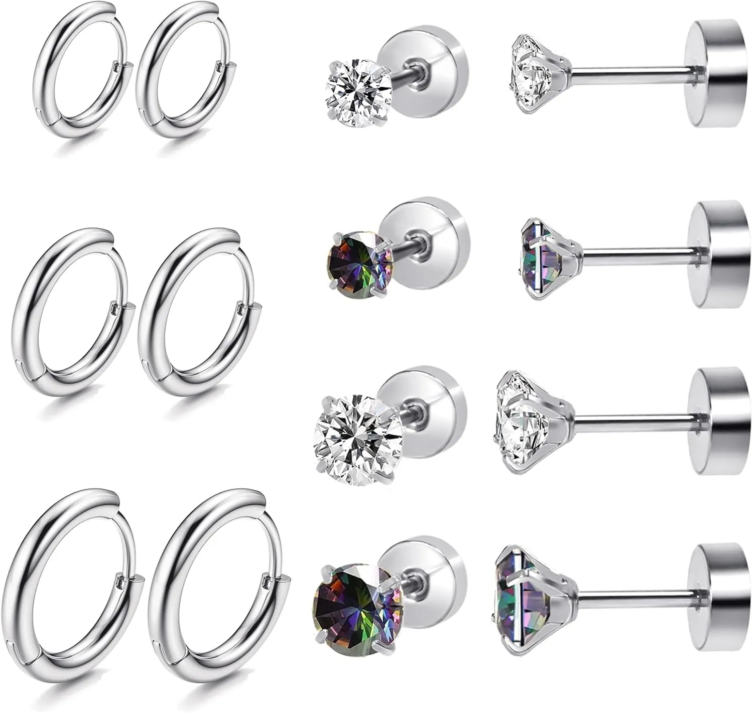 Titanium Earrings for Sensitive Ears - Flat Back Stud & Hoop Earrings Set, Hypoallergenic Surgical Stainless Steel Cubic Zirconia, 7 Pairs