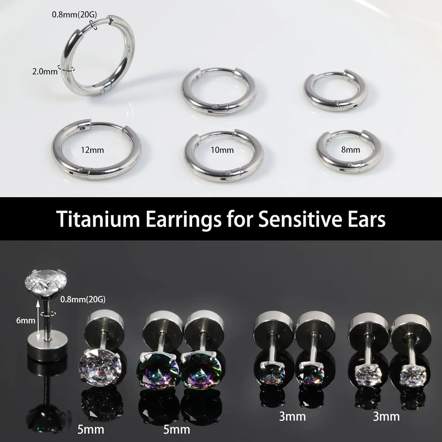 Titanium Earrings for Sensitive Ears - Flat Back Stud & Hoop Earrings Set, Hypoallergenic Surgical Stainless Steel Cubic Zirconia, 7 Pairs